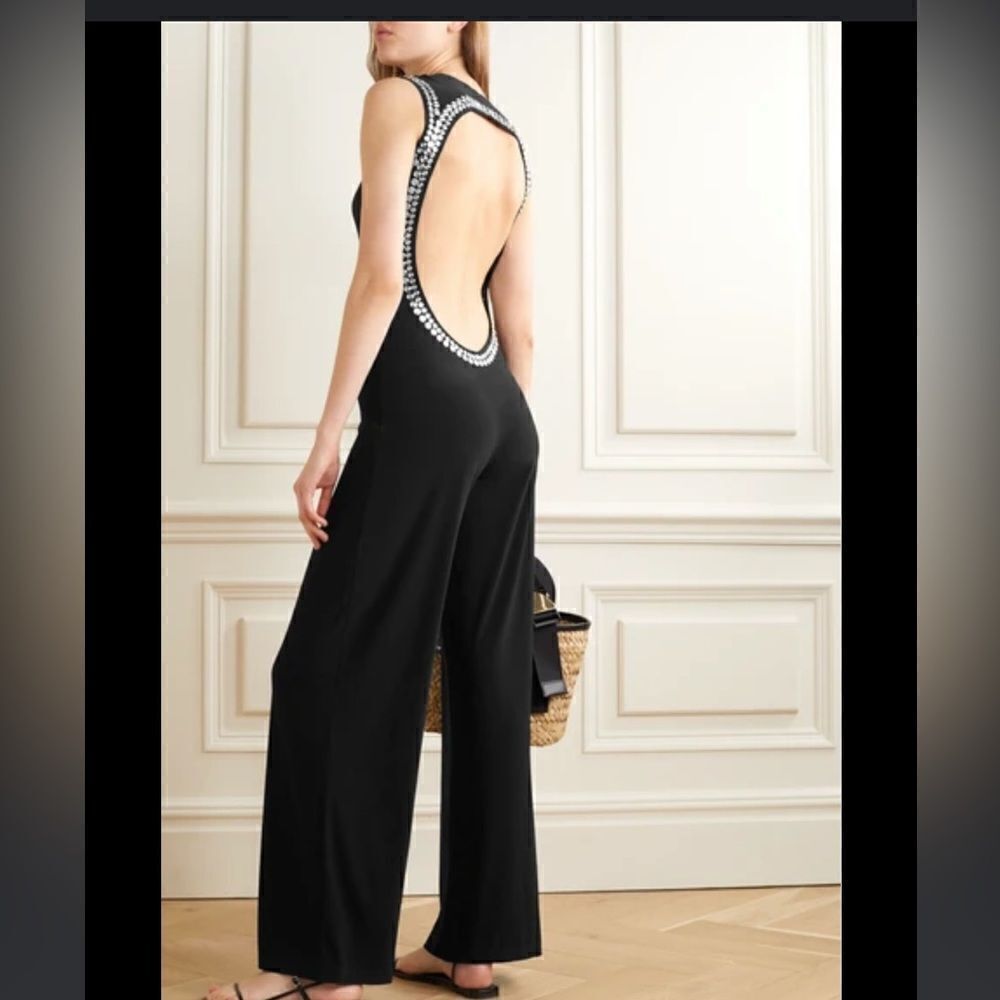 Norma Kamali Studded Open Back Stretch Jersey Jumpsuit Black